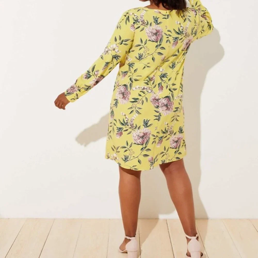 Loft Plus Yellow Floral Midi Shift Dress with Long Sleeves NWOT - Picture 2 of 9